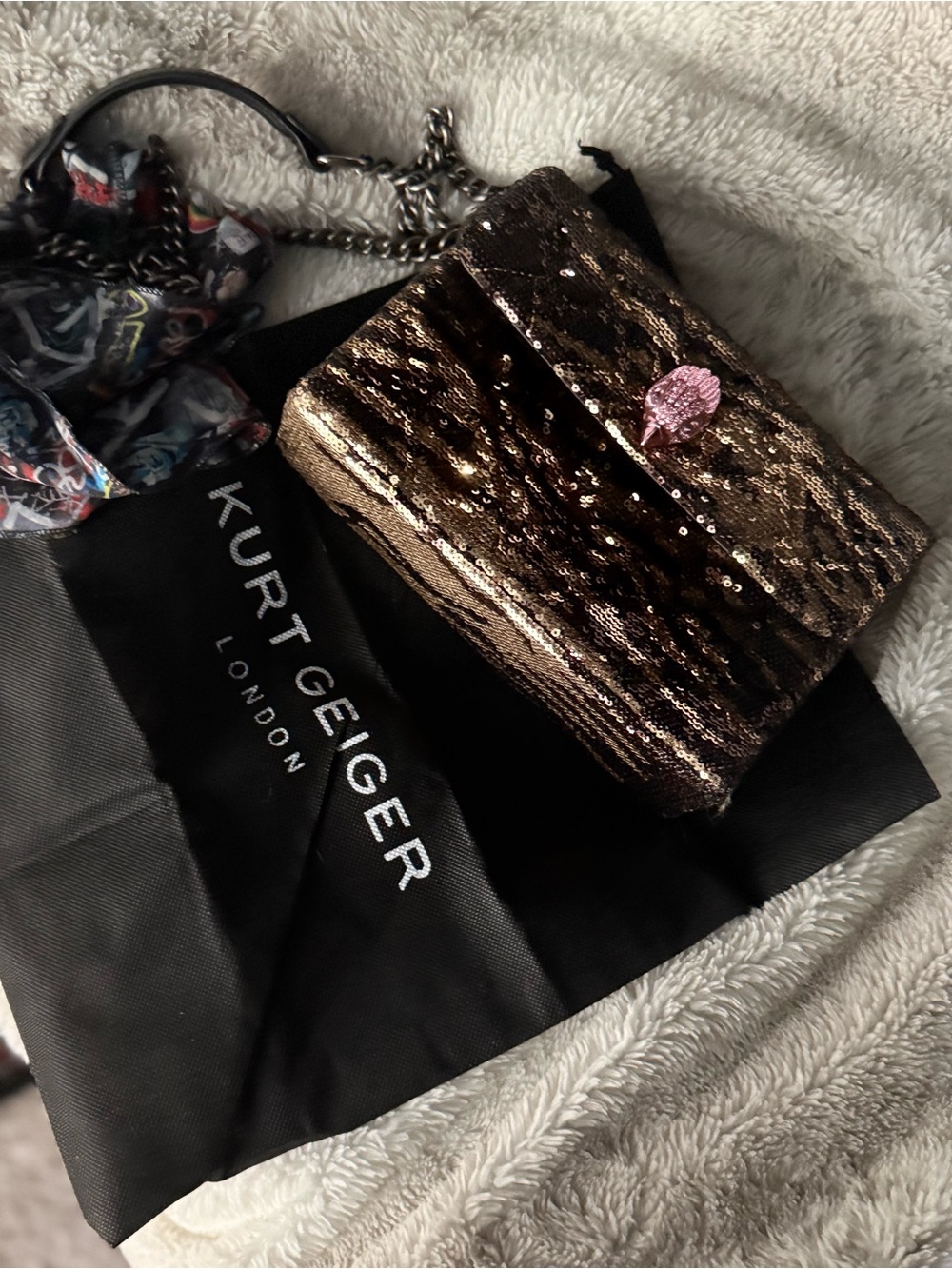 Kurt Geiger Bronze Sequin Crossbody with Pink Leaf Clasp